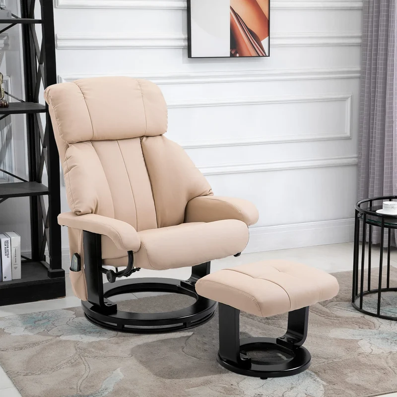 HOMCOM Relaxsessel mit Fußhocker, Massagesessel mit Liegefunktion, Elektrischer Liegesessel mit Fernbedienung, Fernsehsessel mit Seitentasche, Kunstleder, Cremeweiß