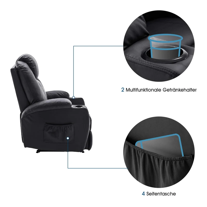M MCombo Elektrisch Relaxsessel Massagesessel Fernsehsessel Liegefunktion Vibration Heizung 7061 neues Modell (Schwarz-Kunstleder)