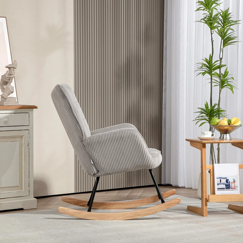 HOMCOM Schaukelstuhl, Schaukelsessel mit Kordoptik, Armlehne, Gepolsterter Sessel mit Holzkufen, Relaxsessel für Wohnzimmer, Schlafzimmer, bis 120kg belastbar, Hellgrau