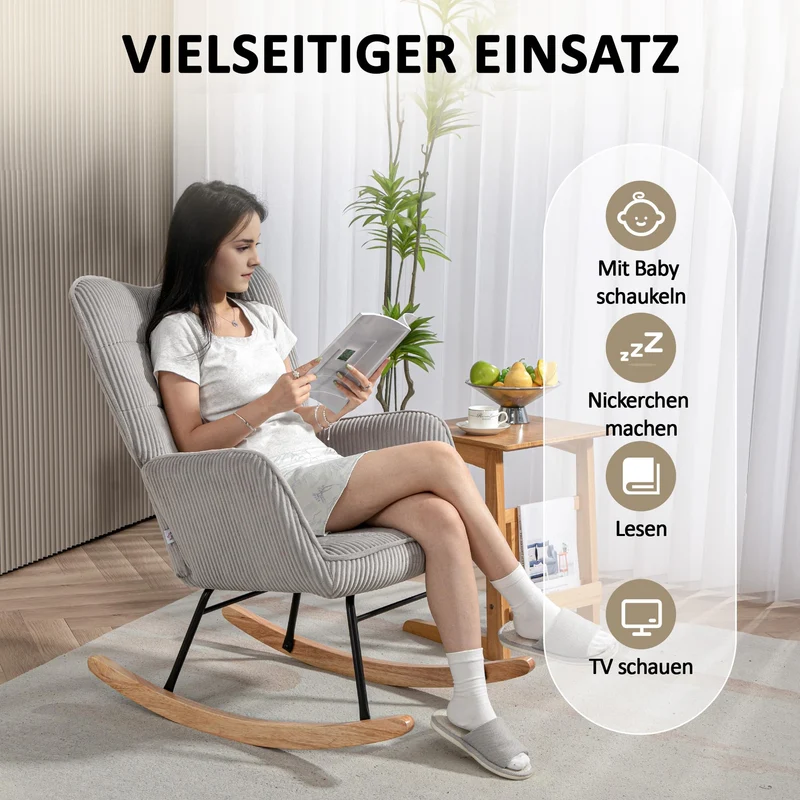 HOMCOM Schaukelstuhl, Schaukelsessel mit Kordoptik, Armlehne, Gepolsterter Sessel mit Holzkufen, Relaxsessel für Wohnzimmer, Schlafzimmer, bis 120kg belastbar, Hellgrau