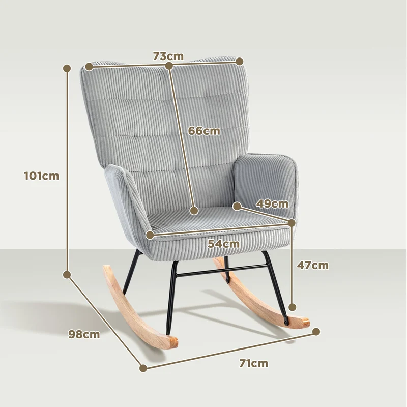 HOMCOM Schaukelstuhl, Schaukelsessel mit Kordoptik, Armlehne, Gepolsterter Sessel mit Holzkufen, Relaxsessel für Wohnzimmer, Schlafzimmer, bis 120kg belastbar, Hellgrau