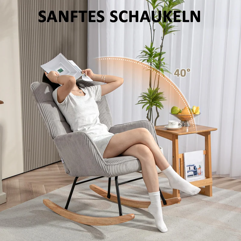 HOMCOM Schaukelstuhl, Schaukelsessel mit Kordoptik, Armlehne, Gepolsterter Sessel mit Holzkufen, Relaxsessel für Wohnzimmer, Schlafzimmer, bis 120kg belastbar, Hellgrau