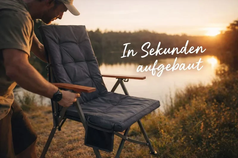 HOMECALL Campingstuhl faltbar Hochlehner – gepolsterter Klappstuhl mit Holzarmlehnen, 3-fach verstellbar bis 150 kg belastbar | B-Ware