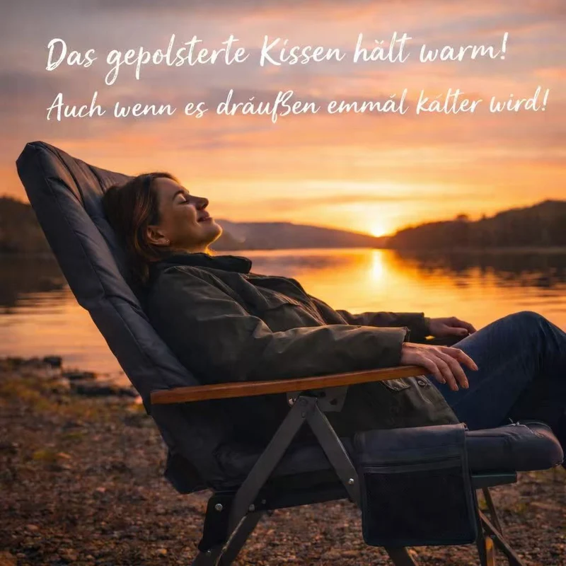 HOMECALL Campingstuhl faltbar Hochlehner – gepolsterter Klappstuhl mit Holzarmlehnen, 3-fach verstellbar bis 150 kg belastbar | B-Ware