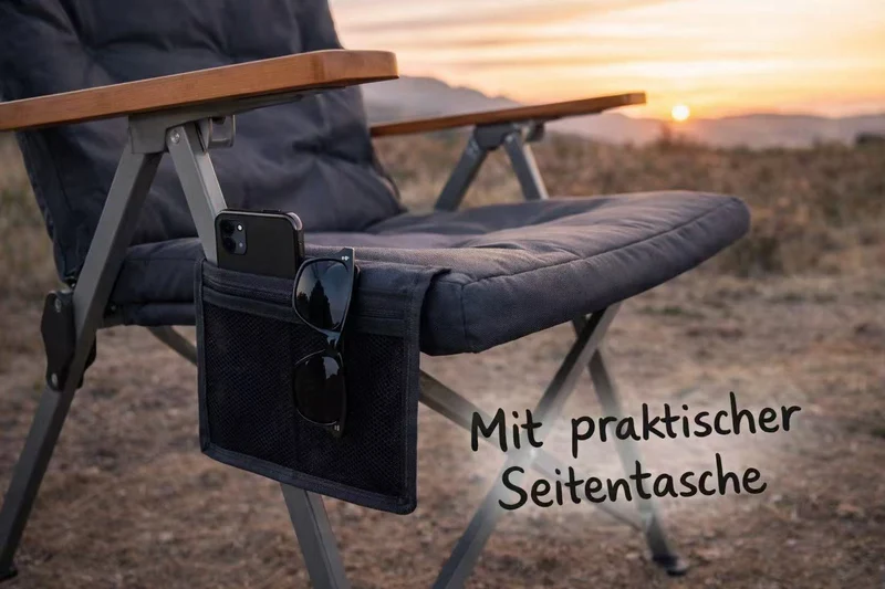 HOMECALL Campingstuhl faltbar Hochlehner – gepolsterter Klappstuhl mit Holzarmlehnen, 3-fach verstellbar bis 150 kg belastbar | B-Ware
