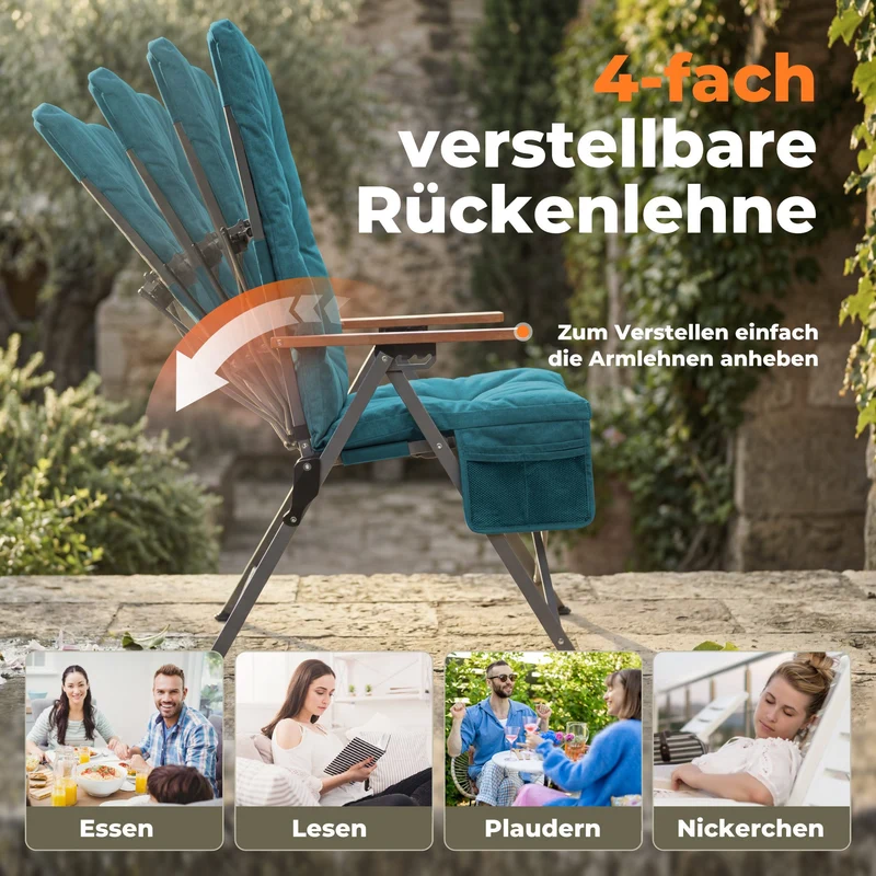 3-tlg. Gartenset Sitzgruppe – Klapptisch ca. 120x70 cm höhenverstellbar Holzoptik + 2 Hochlehner Marineblau