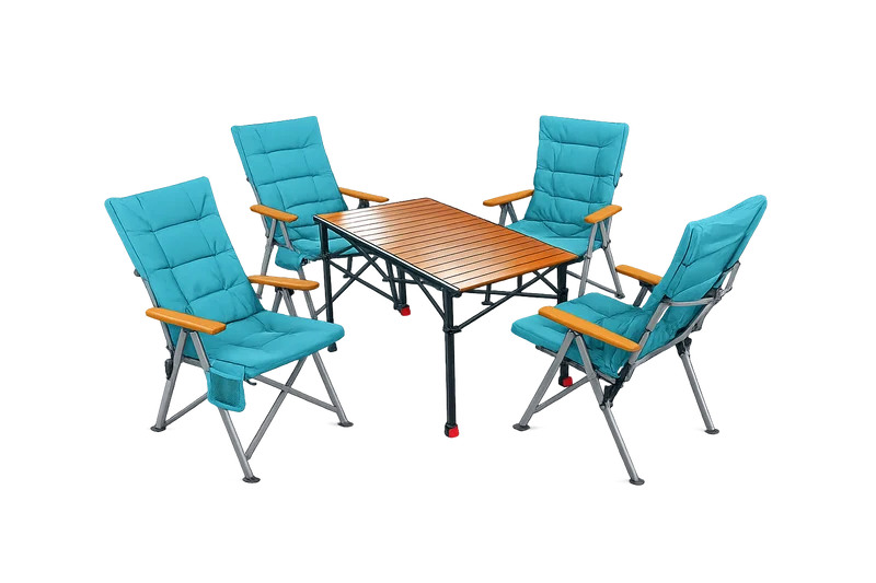 5-tlg. Gartenset Sitzgruppe – Klapptisch ca. 120x70 cm höhenverstellbar Holzoptik + 4 Hochlehner Marineblau