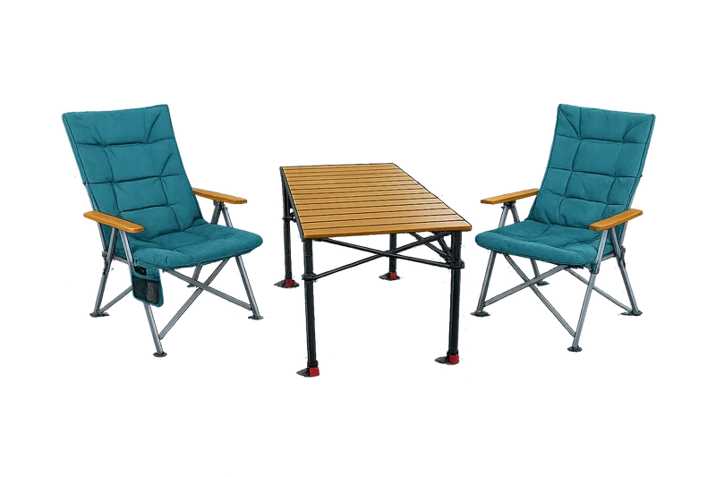 3-tlg. Gartenset Sitzgruppe – Klapptisch ca. 120x70 cm höhenverstellbar Holzoptik + 2 Hochlehner Marineblau