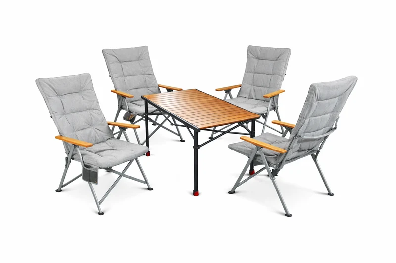 5-tlg. Gartenset Sitzgruppe – Klapptisch ca. 120x70 cm höhenverstellbar Holzoptik + 4 Hochlehner Hellgrau