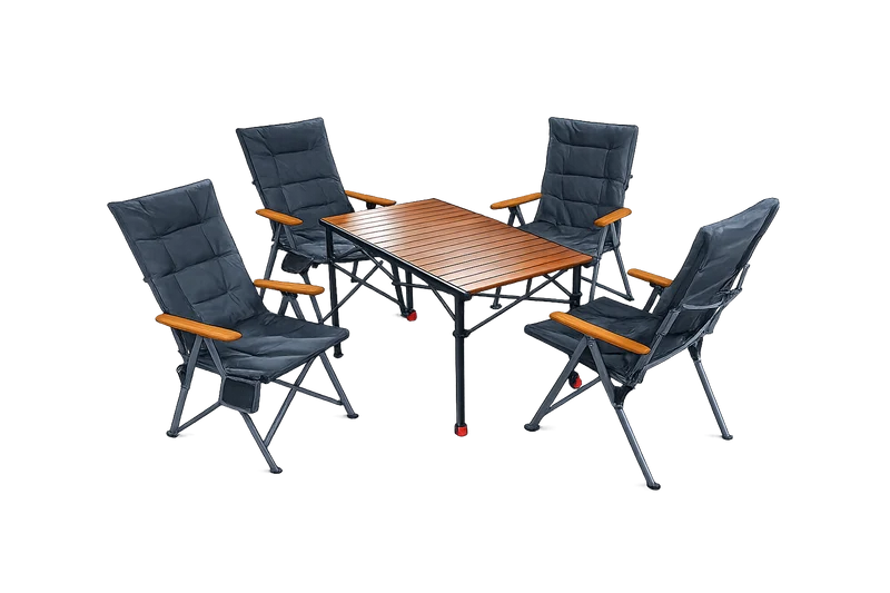 5-tlg. Gartenset Sitzgruppe – Klapptisch ca. 120x70 cm höhenverstellbar Holzoptik + 4 Hochlehner Dunkelgrau