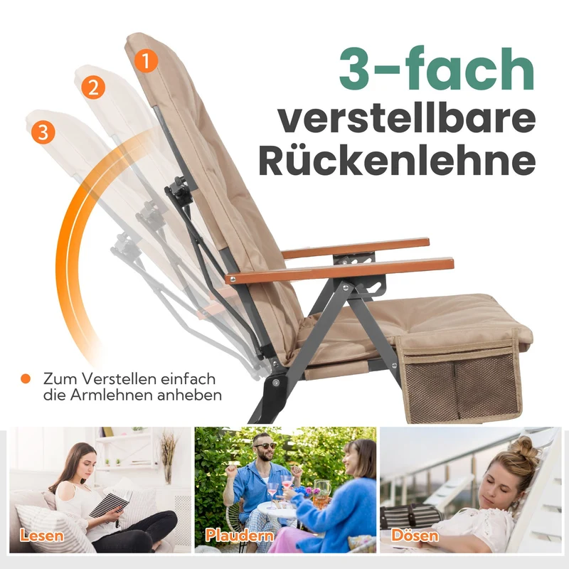3-tlg. Gartenset Sitzgruppe – Klapptisch ca. 120x70 cm höhenverstellbar Holzoptik + 2 Hochlehner Beige