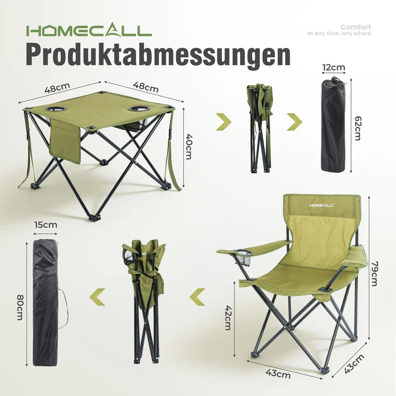 Campingmöbel-Set faltbar 2 klappbare Campingstühle und 1 kompakter Campingtisch, leicht, stabil, bis 120 kg belastbar, grün