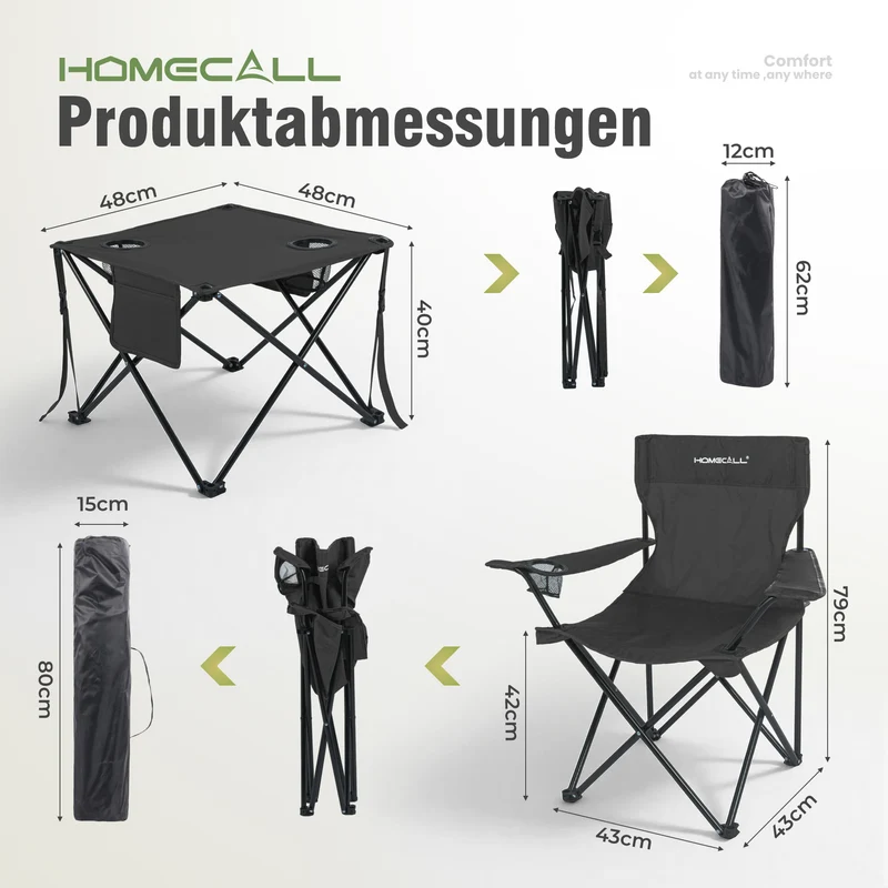 Campingmöbel-Set faltbar – 2 Campingstühle und 1 Campingtisch, leicht und kompakt, mit Getränkehaltern und Seitentaschen, bis 120 kg belastbar, schwarz