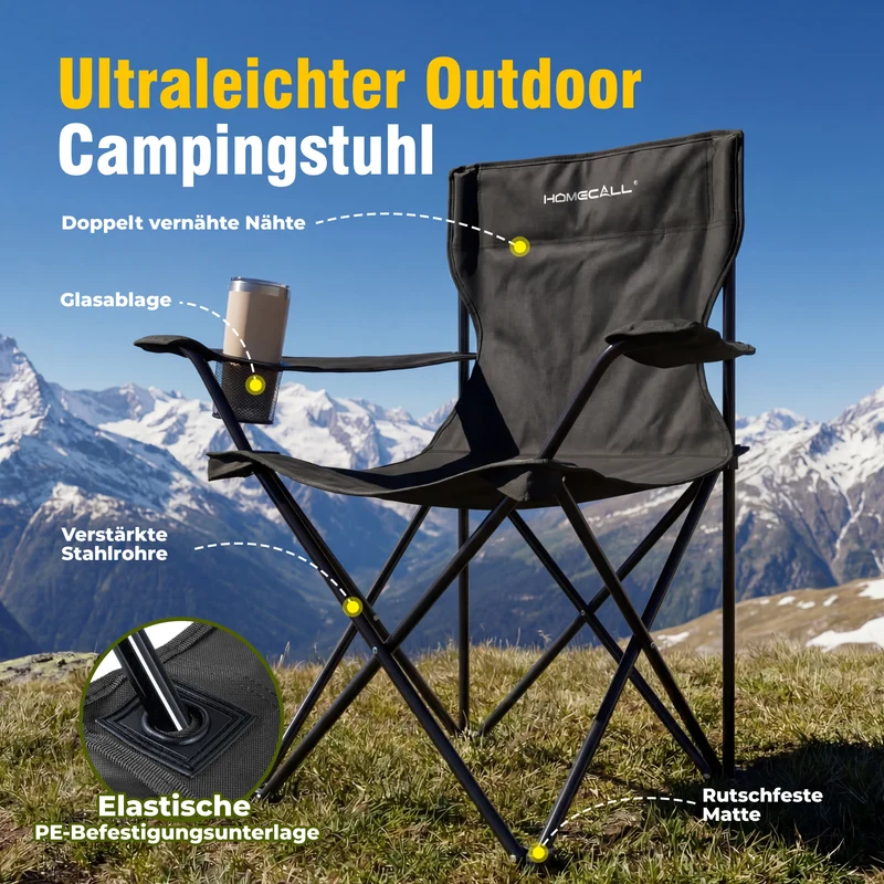 Campingmöbel-Set faltbar – 2 Campingstühle und 1 Campingtisch, leicht und kompakt, mit Getränkehaltern und Seitentaschen, bis 120 kg belastbar, schwarz