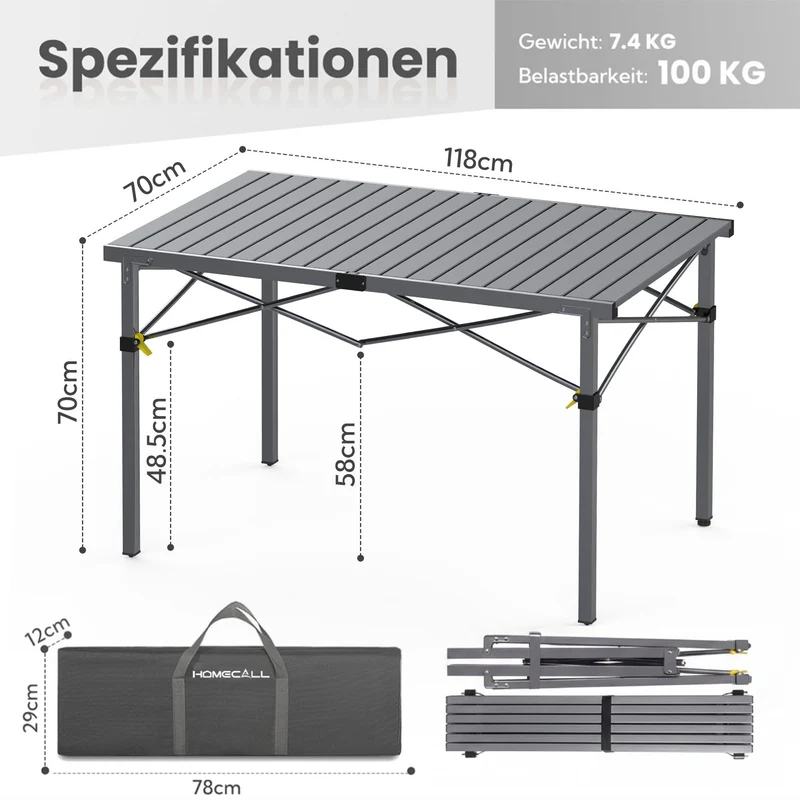 HOMECALL Campingtisch klappbar – stabiler Gartentisch und Balkontisch, tragbar, leicht und platzsparend, Anthrazit