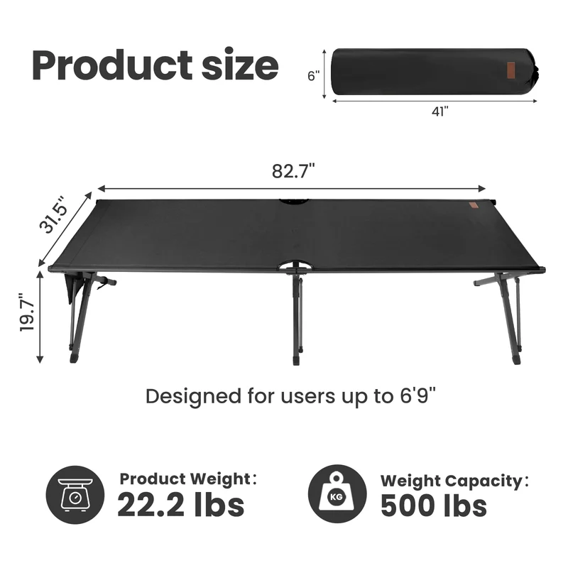 HOMECALL XXL Campingbett klappbar – stabiles Feldbett bis 200 kg, faltbares Outdoor- und Gästebett mit Tragetasche, schwarz