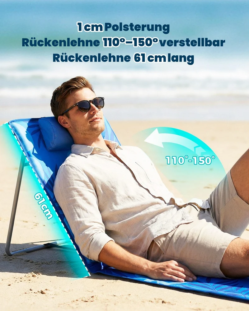 Strandmatte klappbar mit Rückenlehne und Kissen – tragbare Strandliege mit Schultergurten, gepolstert, blau