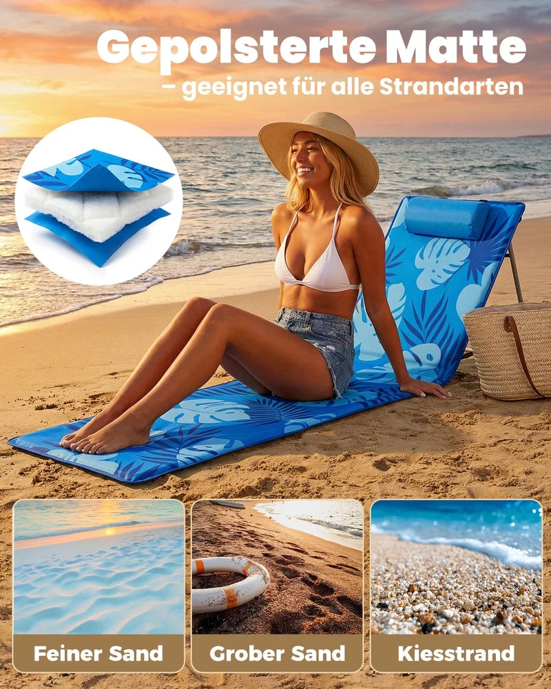 Strandmatte klappbar mit Rückenlehne und Kissen – tragbare Strandliege mit Schultergurten, gepolstert, blau