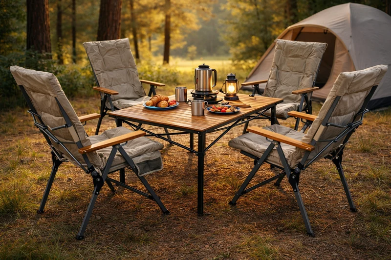 5-tlg. Gartenset Sitzgruppe – Klapptisch ca. 117x70 cm Holzoptik + 4 Hochlehner Beige
