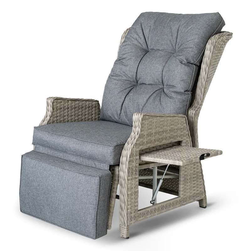 Rattansessel verstellbar mit Fußstütze und Tisch – wetterfester Garten-Relaxsessel bis 160 kg belastbar, Beige