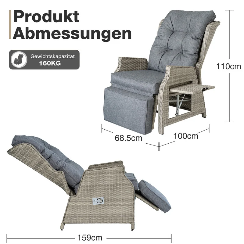 Rattansessel verstellbar mit Fußstütze und Tisch – wetterfester Garten-Relaxsessel bis 160 kg belastbar, Beige