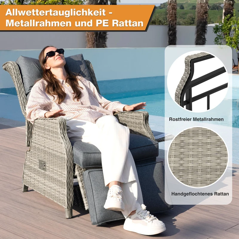Rattansessel verstellbar mit Fußstütze und Tisch – wetterfester Garten-Relaxsessel bis 160 kg belastbar, Beige