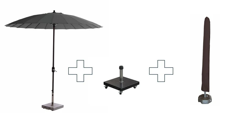 Set van ronde Manilla parasol - met parasolvoet en beschermhoes - 250 cm - Donkergrijs