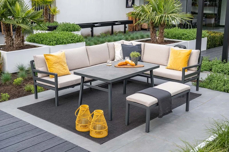 Corsica lounge-diningset - 4-delig - rechts - carbon black - desert sand - grijs slate look glas