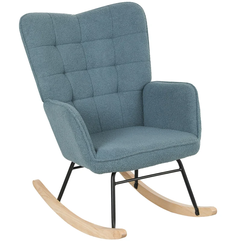 HOMCOM Schaukelstuhl, Schaukelsessel mit Berbervliesoptik, Armlehne, Gepolsterter Sessel mit Holzkufen, Relaxsessel für Wohnzimmer, Schlafzimmer, bis 120kg belastbar, Hellblau