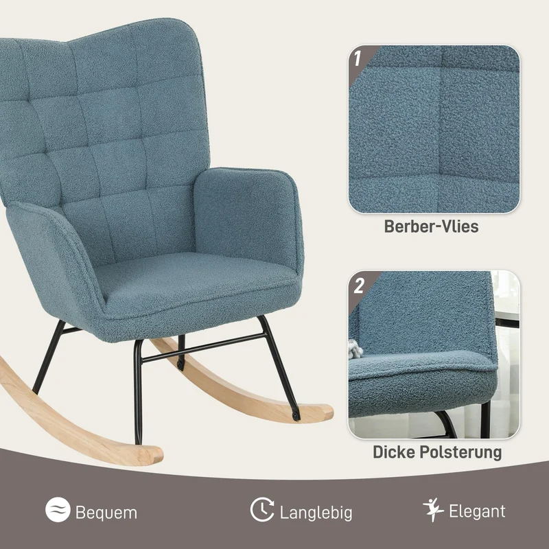 HOMCOM Schaukelstuhl, Schaukelsessel mit Berbervliesoptik, Armlehne, Gepolsterter Sessel mit Holzkufen, Relaxsessel für Wohnzimmer, Schlafzimmer, bis 120kg belastbar, Hellblau
