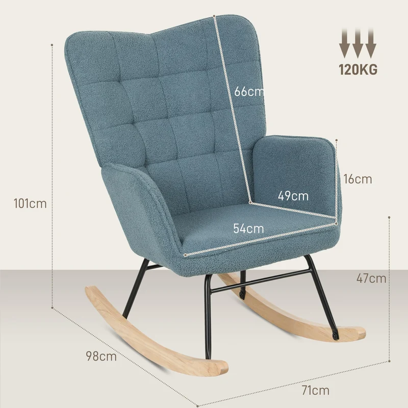 HOMCOM Schaukelstuhl, Schaukelsessel mit Berbervliesoptik, Armlehne, Gepolsterter Sessel mit Holzkufen, Relaxsessel für Wohnzimmer, Schlafzimmer, bis 120kg belastbar, Hellblau