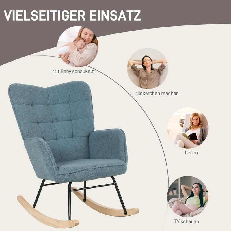 HOMCOM Schaukelstuhl, Schaukelsessel mit Berbervliesoptik, Armlehne, Gepolsterter Sessel mit Holzkufen, Relaxsessel für Wohnzimmer, Schlafzimmer, bis 120kg belastbar, Hellblau