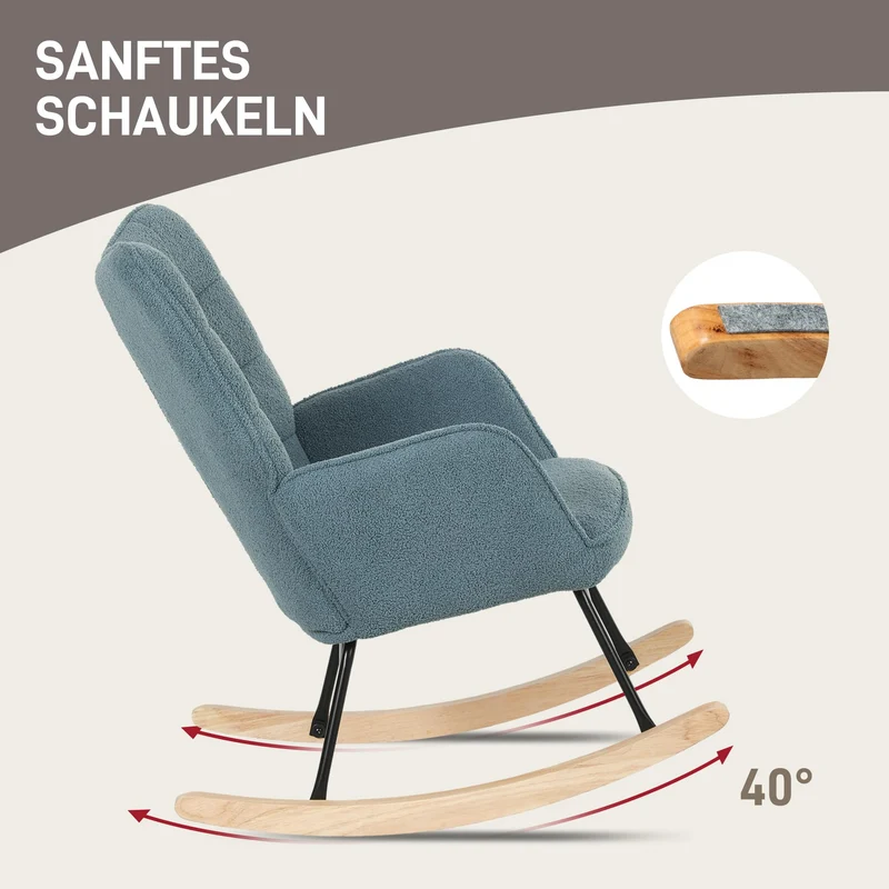 HOMCOM Schaukelstuhl, Schaukelsessel mit Berbervliesoptik, Armlehne, Gepolsterter Sessel mit Holzkufen, Relaxsessel für Wohnzimmer, Schlafzimmer, bis 120kg belastbar, Hellblau