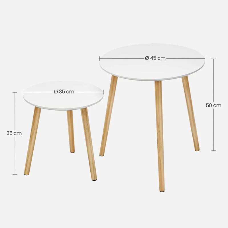 SONGMICS Beistelltisch-Set rund, 2 Moderne Sofatische, minimalistisch, skandinavischer Stil, Couchtische mit Beinen aus Massivholz, Tischkombination fürs Wohnzimmer, Balkon, Kiefernholz LET07WN