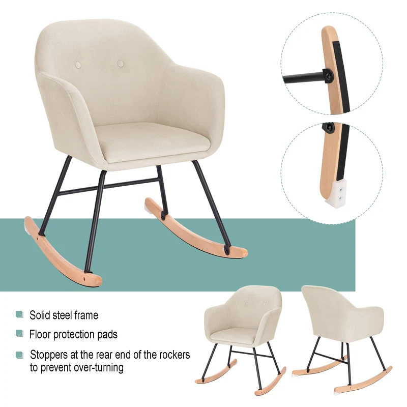 WOLTU Schaukelstuhl Relaxstuhl Sessel Schaukelsessel Schwingsessel Samt Stahl Massivholz Cremeweiß SKS16cm