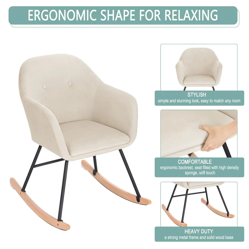 WOLTU Schaukelstuhl Relaxstuhl Sessel Schaukelsessel Schwingsessel Samt Stahl Massivholz Cremeweiß SKS16cm