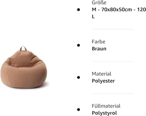 Lumaland Sitzsack Comfort Line | Indoor Beanbag 70x80x50cm mit mehr als 1 Mio. anpassbaren EPS-Perlen | Weiches & Komfortables Bodenkissen | Sessel für Kinder & Erwachsene | 120 L Volumen [Braun]