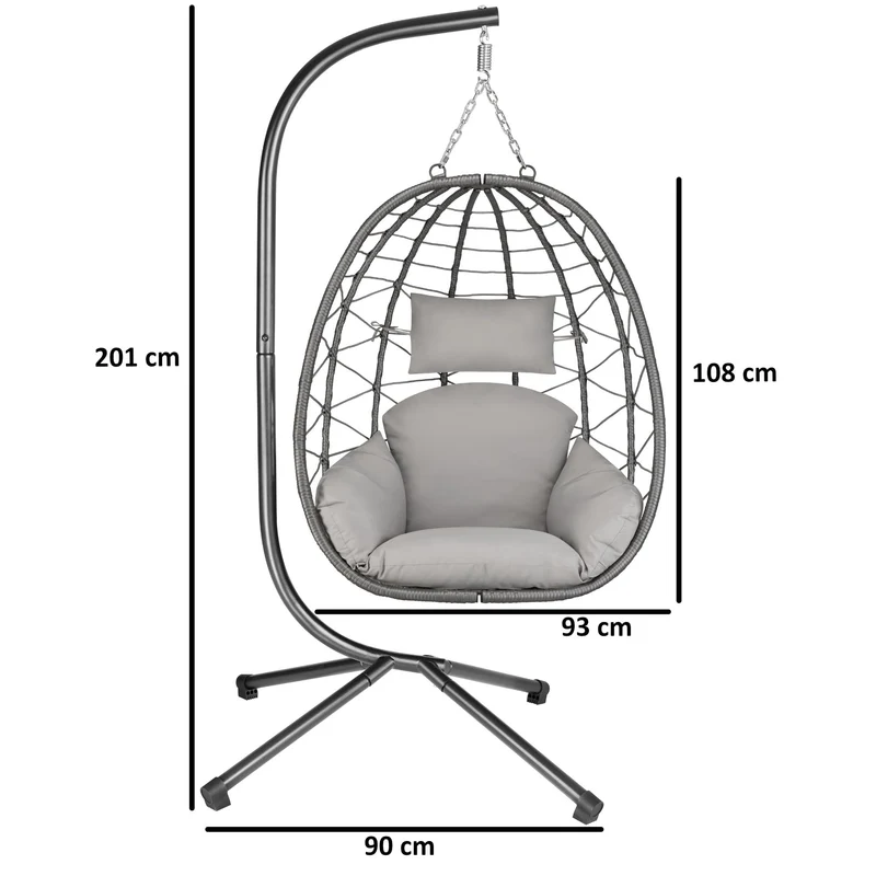 HinHocker Hängesessel mit Gestell | Grau | Hängeschaukel für Indoor und Outdoor | Inkl. Kissen und Auflagepolster | Korbsessel, Hängesessel Terrasse, Ei Stuhl, Hängekorb Sessel