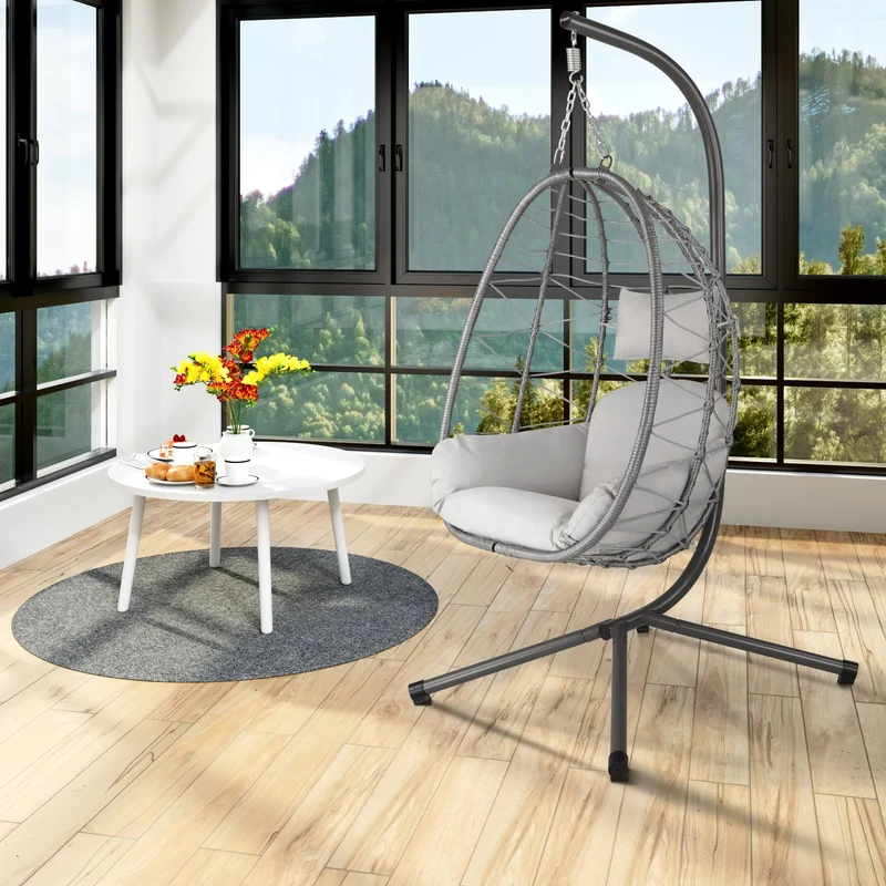 HinHocker Hängesessel mit Gestell | Grau | Hängeschaukel für Indoor und Outdoor | Inkl. Kissen und Auflagepolster | Korbsessel, Hängesessel Terrasse, Ei Stuhl, Hängekorb Sessel
