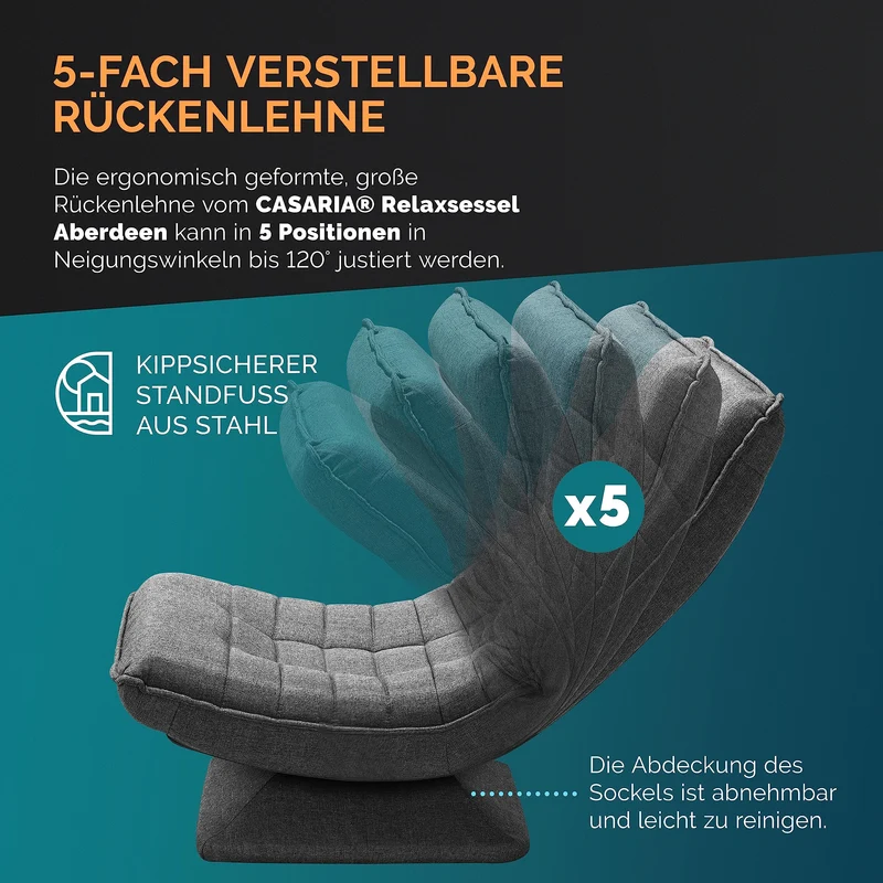 Casaria® Bodenstuhl verstellbare Rückenlehne 360° Drehbar Klappbar 150kg Belastbarkeit 60x105x87cm Gepolstert Wohnzimmer Gaming Relax Boden Sessel Grau