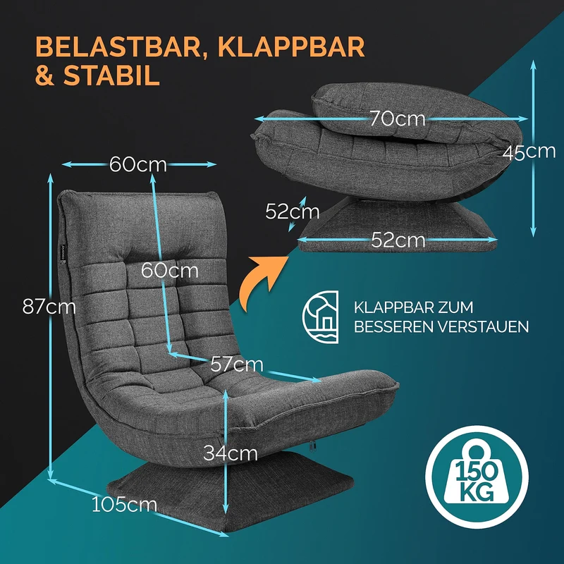 Casaria® Bodenstuhl verstellbare Rückenlehne 360° Drehbar Klappbar 150kg Belastbarkeit 60x105x87cm Gepolstert Wohnzimmer Gaming Relax Boden Sessel Grau