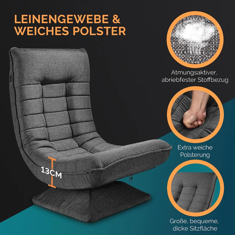 Casaria® Bodenstuhl verstellbare Rückenlehne 360° Drehbar Klappbar 150kg Belastbarkeit 60x105x87cm Gepolstert Wohnzimmer Gaming Relax Boden Sessel Grau