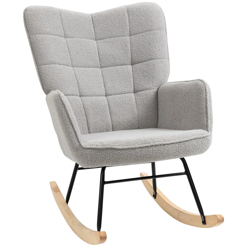 HOMCOM Schaukelstuhl, Schaukelsessel mit Berbervliesoptik, Armlehne, Gepolsterter Sessel mit Holzkufen, Relaxsessel für Wohnzimmer, Schlafzimmer, bis 120kg belastbar, Hellgrau