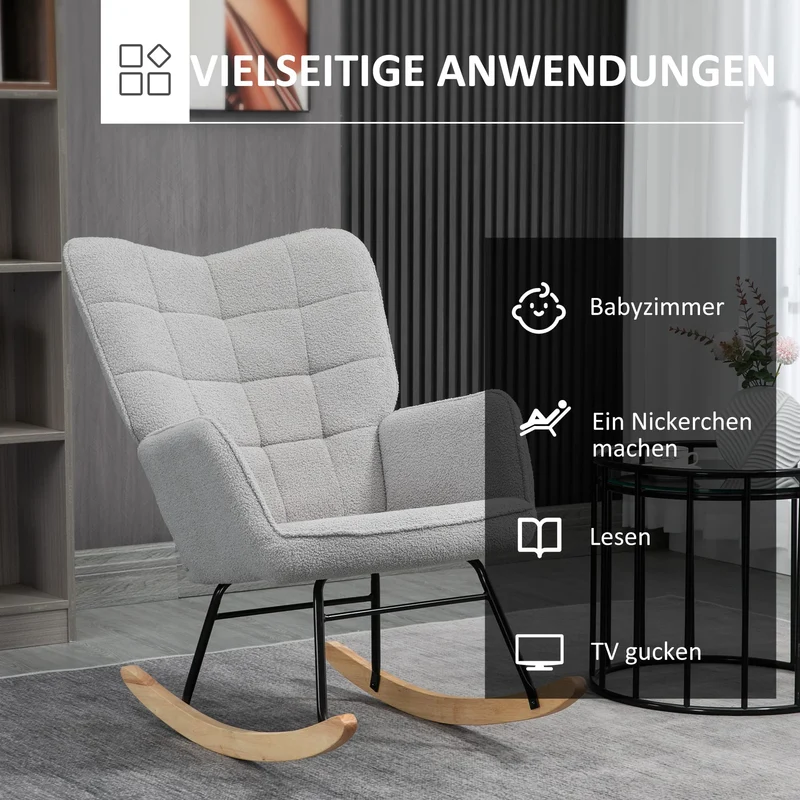 HOMCOM Schaukelstuhl, Schaukelsessel mit Berbervliesoptik, Armlehne, Gepolsterter Sessel mit Holzkufen, Relaxsessel für Wohnzimmer, Schlafzimmer, bis 120kg belastbar, Hellgrau