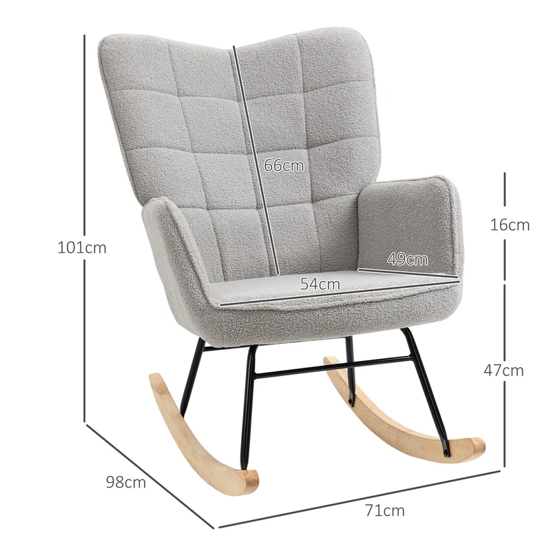 HOMCOM Schaukelstuhl, Schaukelsessel mit Berbervliesoptik, Armlehne, Gepolsterter Sessel mit Holzkufen, Relaxsessel für Wohnzimmer, Schlafzimmer, bis 120kg belastbar, Hellgrau
