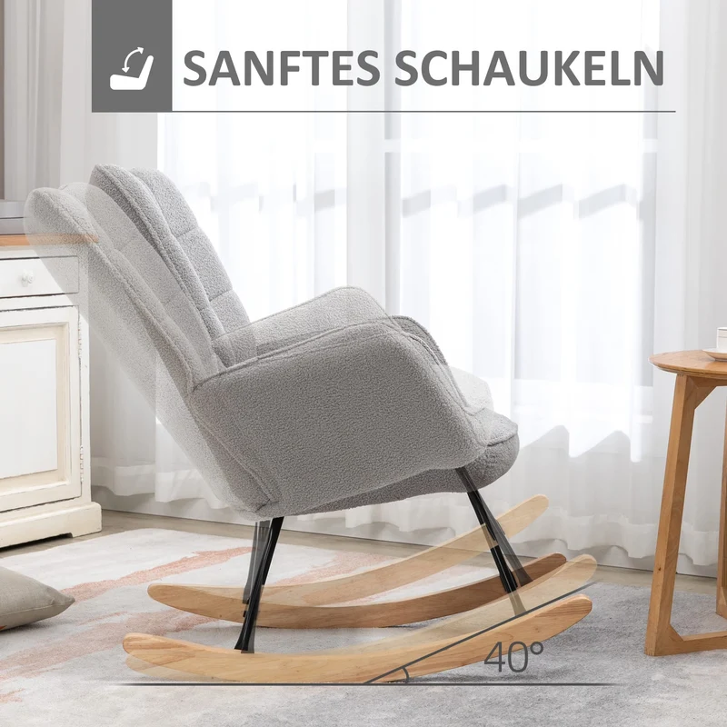 HOMCOM Schaukelstuhl, Schaukelsessel mit Berbervliesoptik, Armlehne, Gepolsterter Sessel mit Holzkufen, Relaxsessel für Wohnzimmer, Schlafzimmer, bis 120kg belastbar, Hellgrau