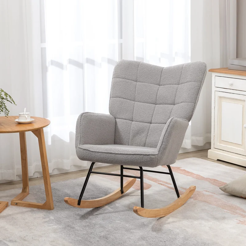 HOMCOM Schaukelstuhl, Schaukelsessel mit Berbervliesoptik, Armlehne, Gepolsterter Sessel mit Holzkufen, Relaxsessel für Wohnzimmer, Schlafzimmer, bis 120kg belastbar, Hellgrau