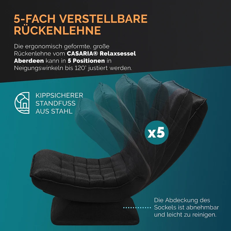 Casaria® Bodenstuhl verstellbare Rückenlehne 360° Drehbar Klappbar 150kg Belastbarkeit 60x105x87cm Gepolstert Wohnzimmer Gaming Relax Boden Sessel Schwarz