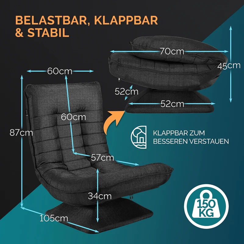 Casaria® Bodenstuhl verstellbare Rückenlehne 360° Drehbar Klappbar 150kg Belastbarkeit 60x105x87cm Gepolstert Wohnzimmer Gaming Relax Boden Sessel Schwarz