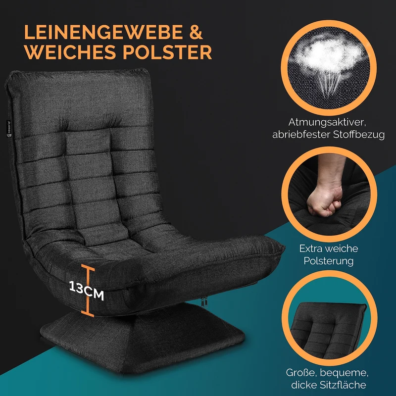 Casaria® Bodenstuhl verstellbare Rückenlehne 360° Drehbar Klappbar 150kg Belastbarkeit 60x105x87cm Gepolstert Wohnzimmer Gaming Relax Boden Sessel Schwarz